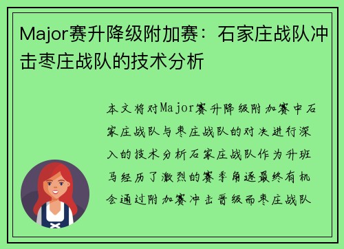 Major赛升降级附加赛：石家庄战队冲击枣庄战队的技术分析
